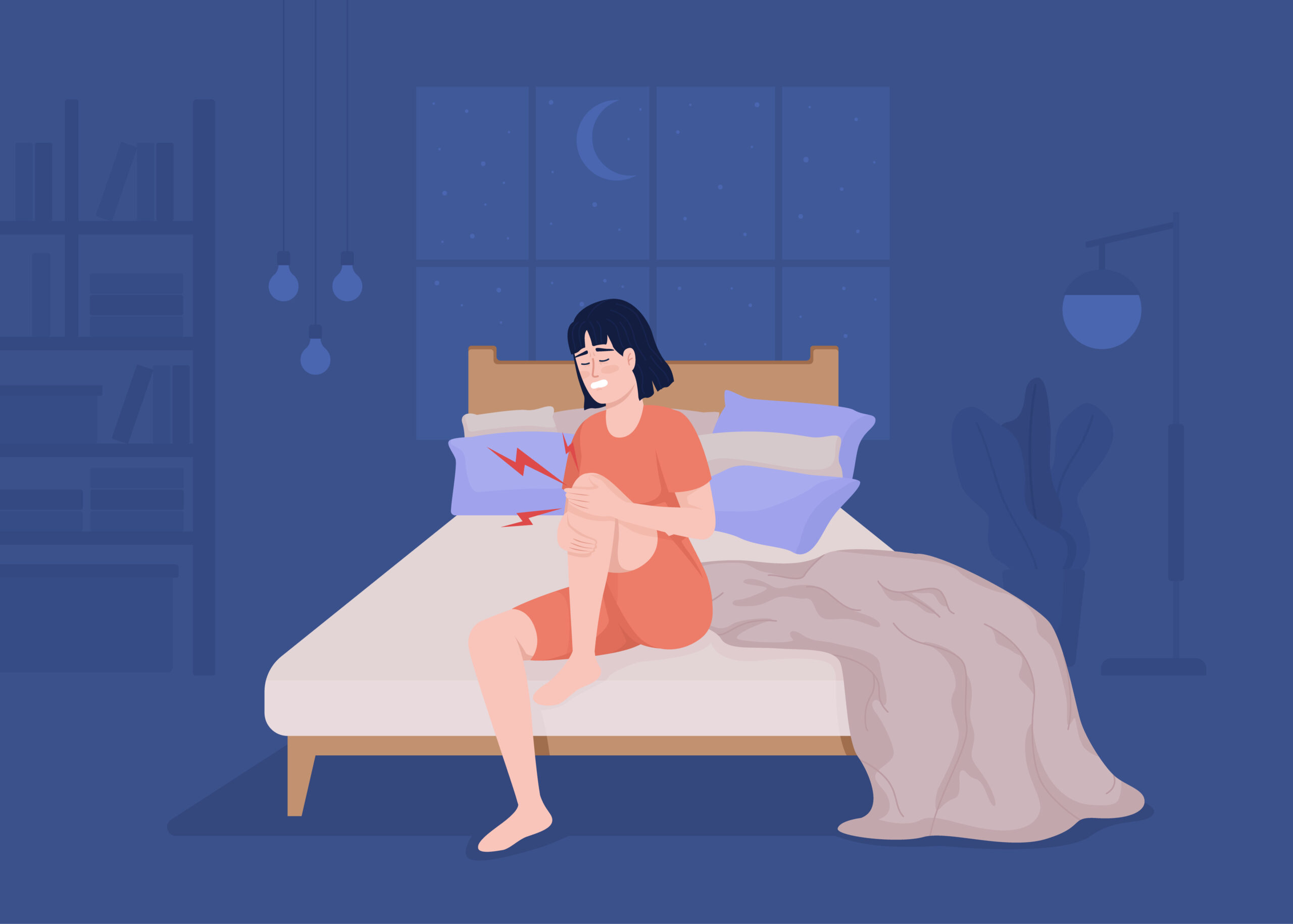 Nighttime knee pain flat color raster illustration. Leg swelling. Symptom of osteoarthritis. Throbbing ache. 2D simple cartoon character with cozy bedroom interior on background