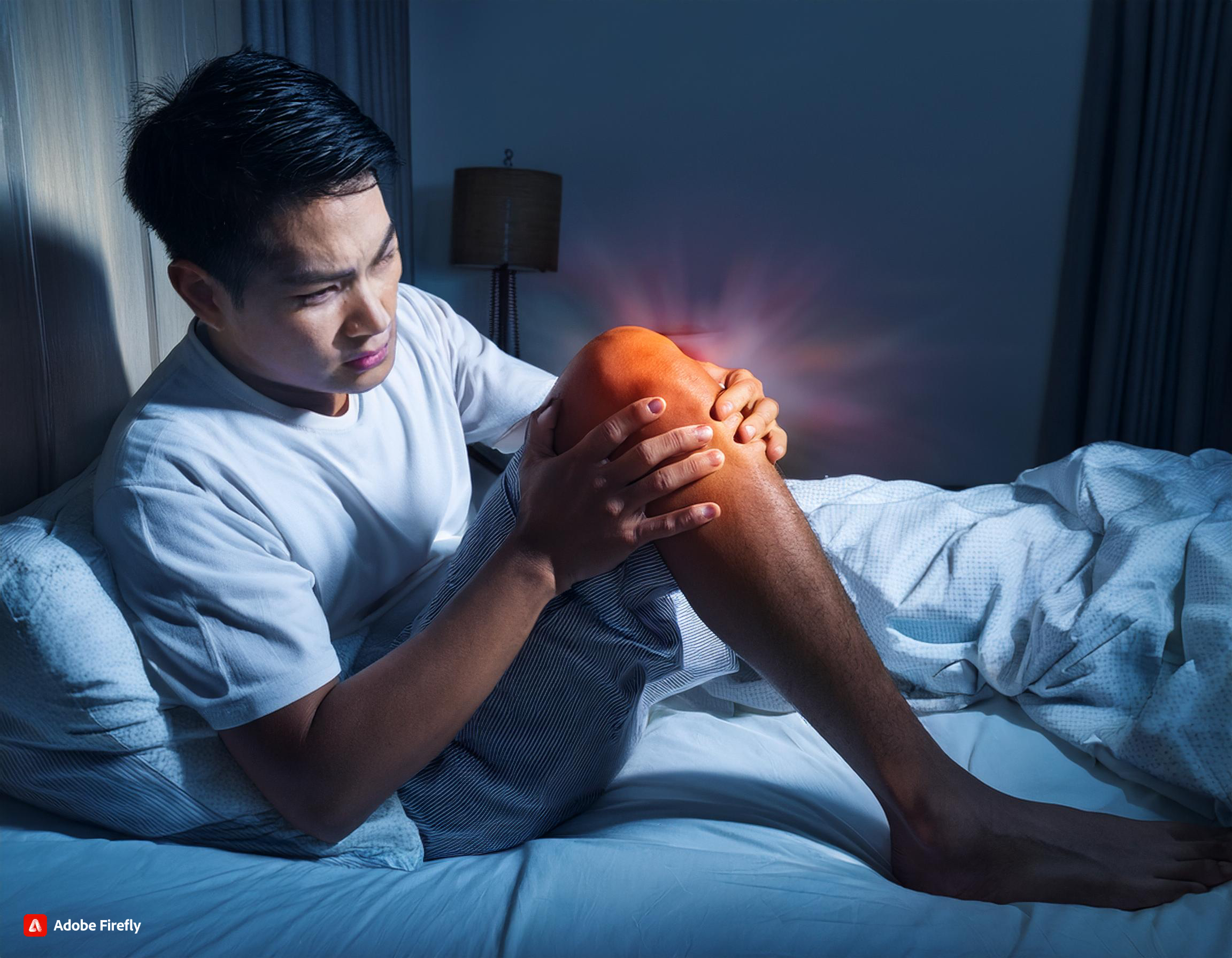 man awake in his bed at night, clutching his knee in pain