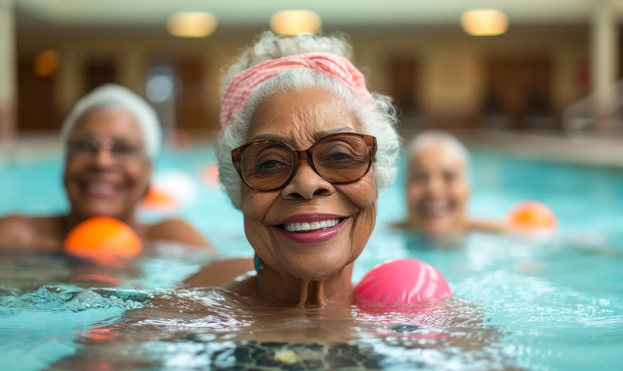 old woman doing water aerobics in pool 