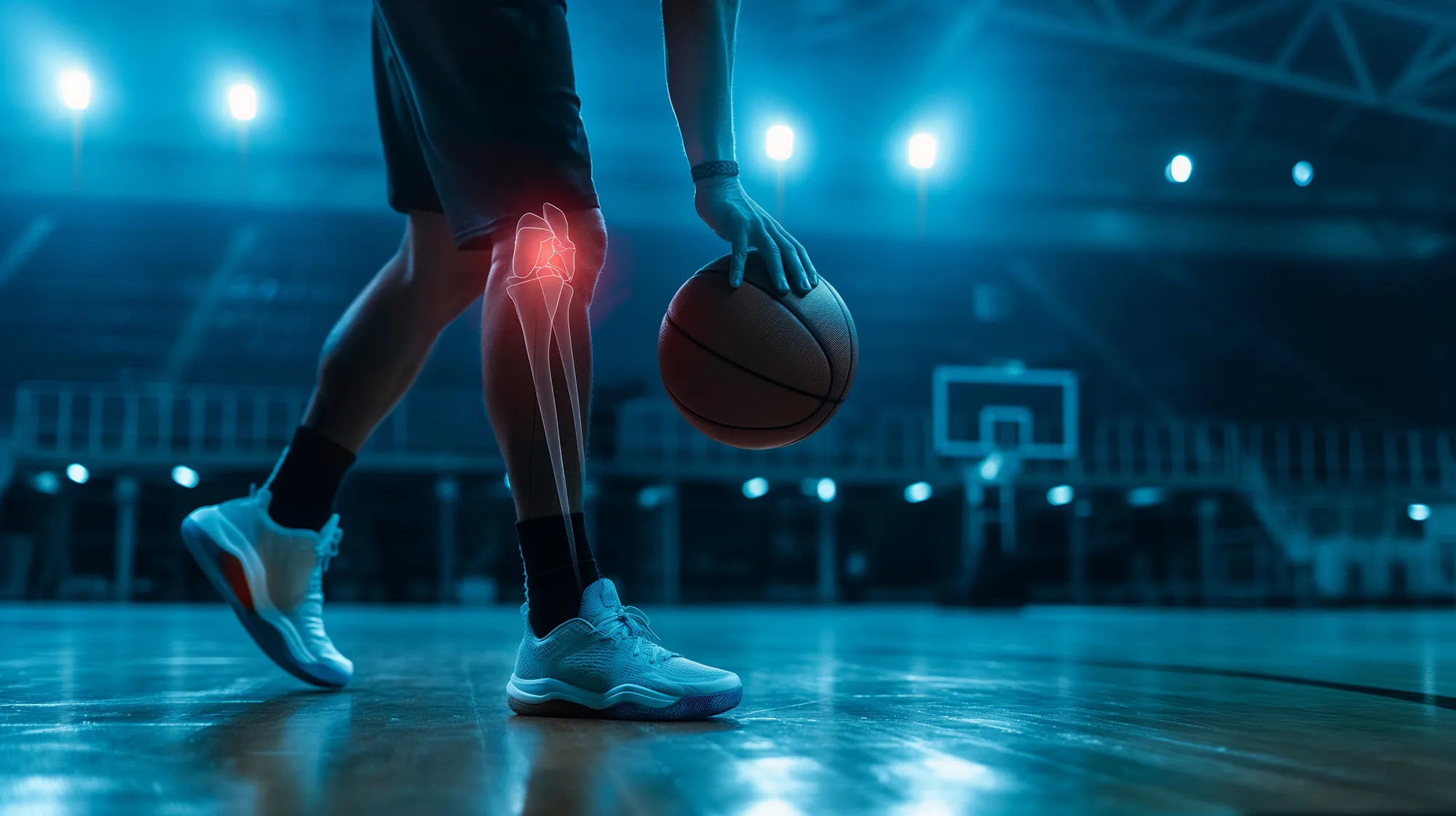 basketball player knee injury during play basketball competition match in stadium, with transparency highlight red bone injury effect, sport physical treatment and healthy concept