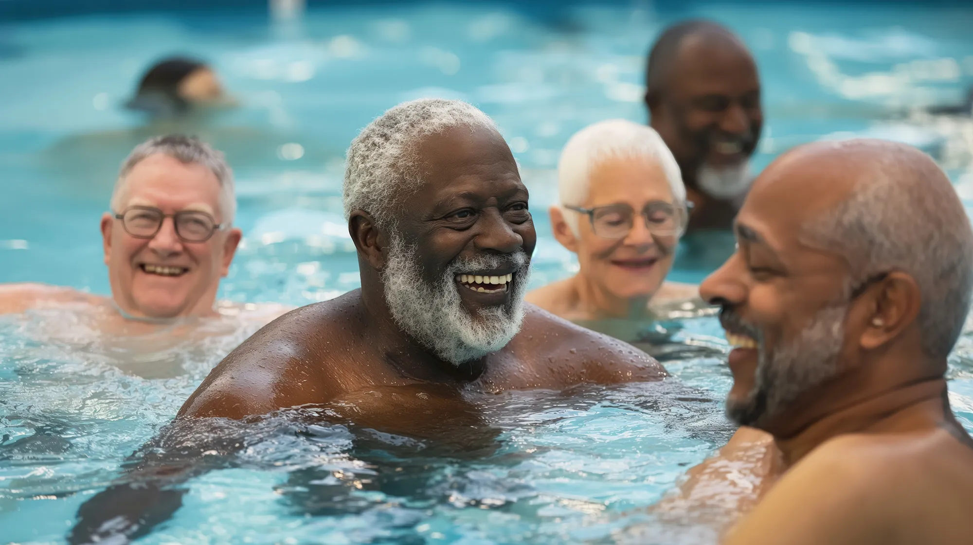 old man doing water aerobics in pool 