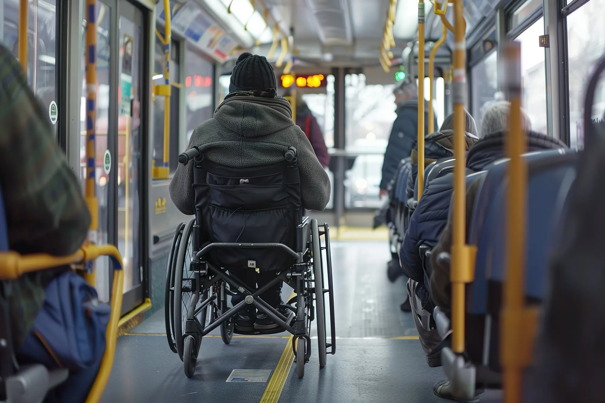 A commuter in a wheelchair inside a public bus, showcasing accessible transportation in a city setting.
