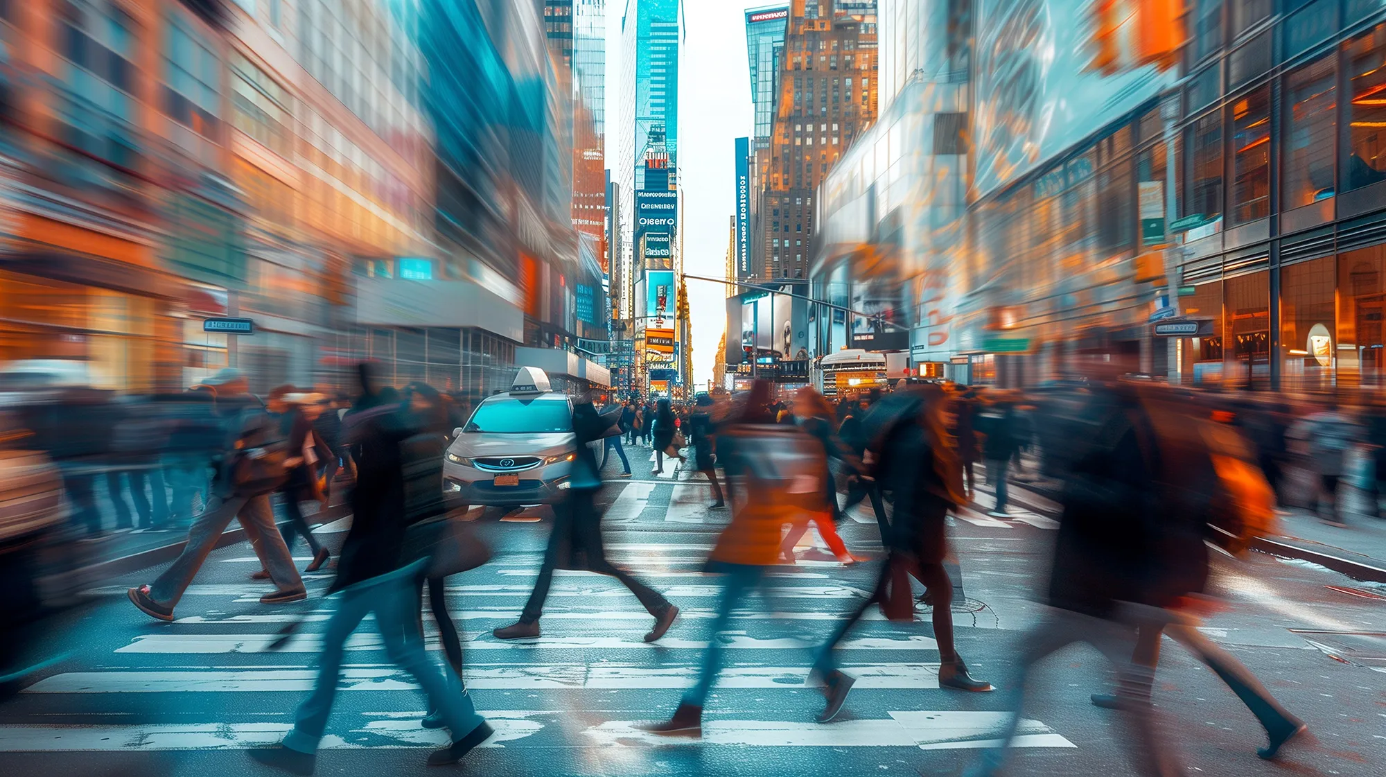 A dynamic image capturing the hustle and bustle of city life during rush hour