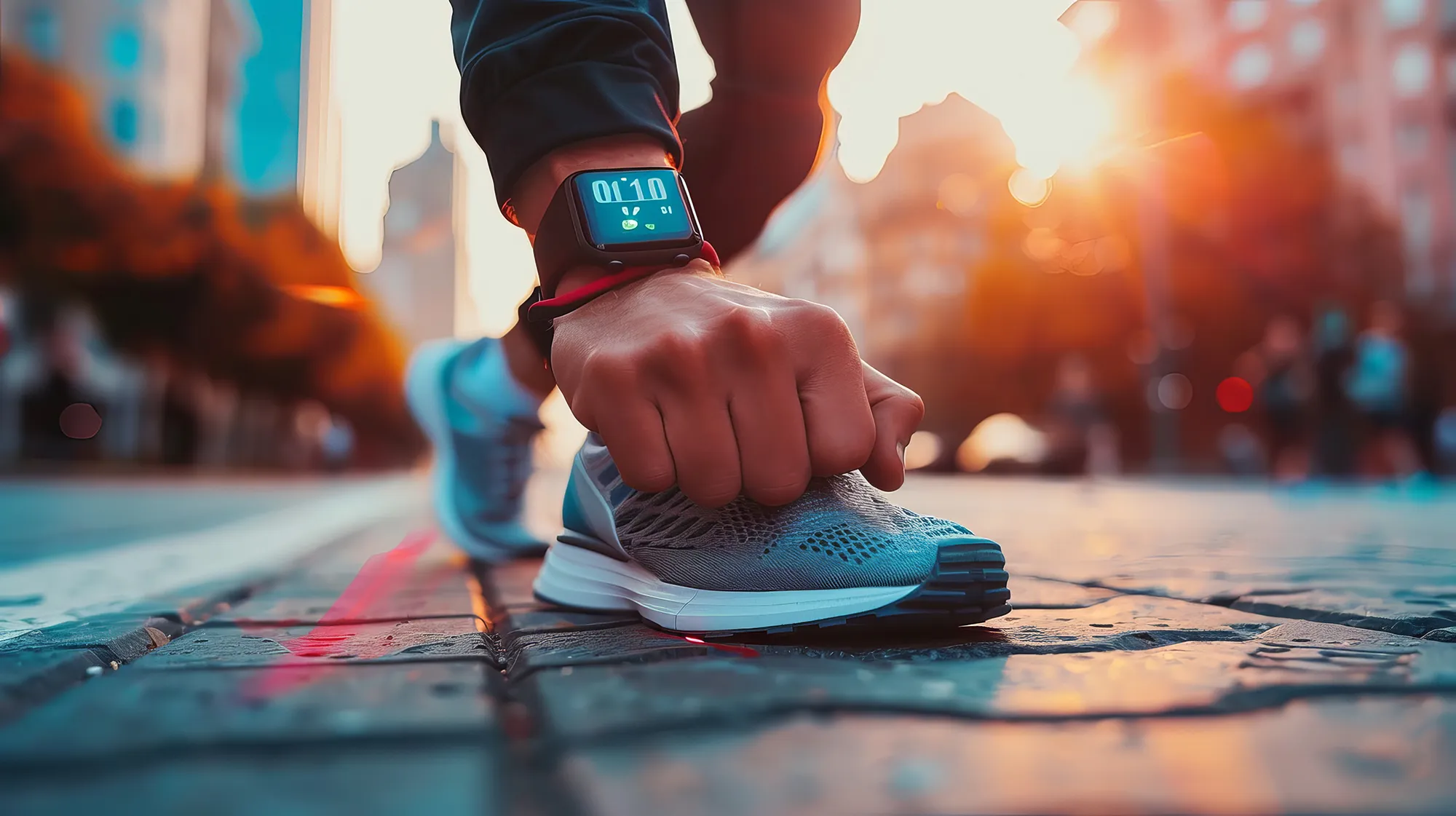 Wearable fitness tracker with wearable smart technology: a man exercising cardio and monitoring his heart rate with a sports watch. running shoes in grey on a city street