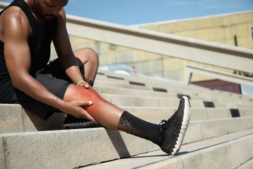 Young sportsman with strong athletic legs holding knee after suf
