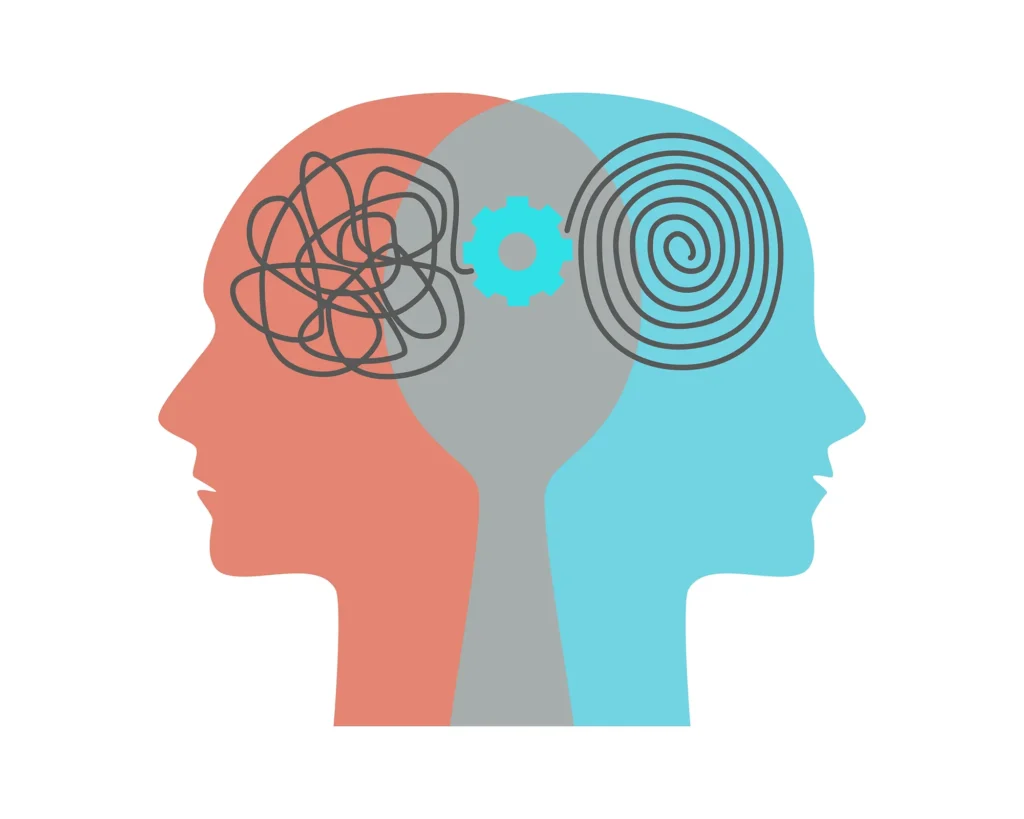 Two head silhouette with gear, tangle, spiral. Bipolar disorder mind mental concept. Mental health, psychology, balance in vector flat illustration. Icon for web design, card, banner, flyer