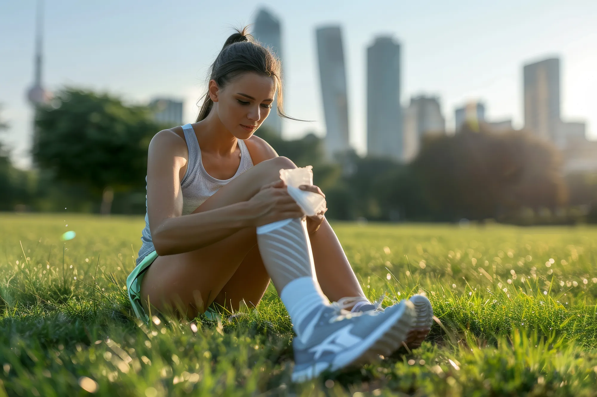 Female Runner Applying Ice Packs to Knees in City Park After Long Run - Health and Fitness Concept
