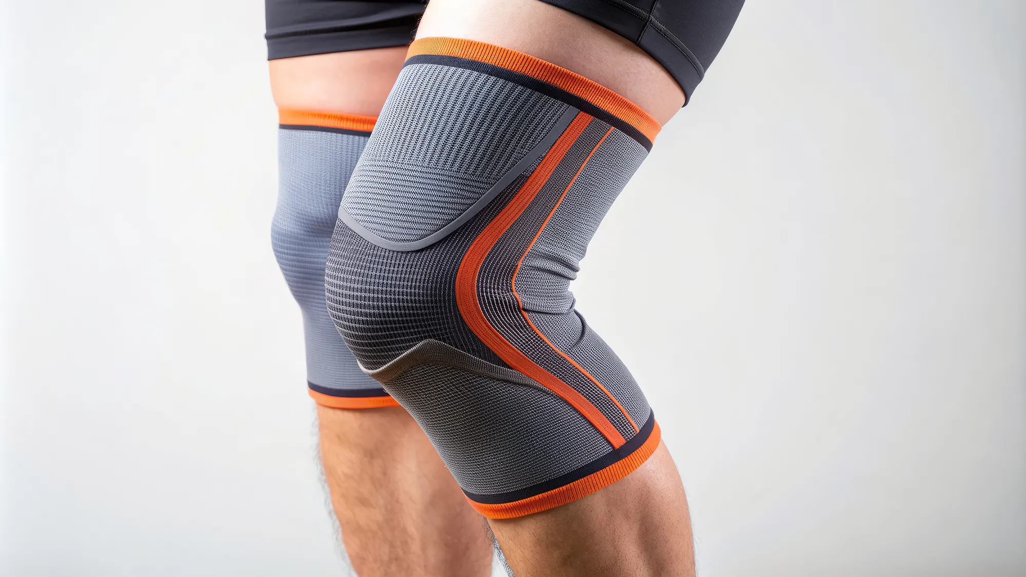 Warm and supportive knee sleeve on a leg, providing comfort and stability, ideal for outdoor activities, exercise, or daily wear for chronic pain relief.
