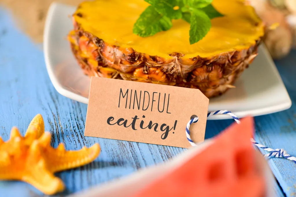 pineapple, watermelon and text mindful eating
