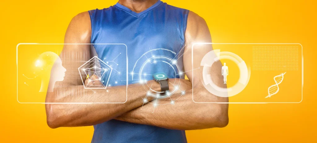 Muscular black guy with crossed hands wearing smart watch
